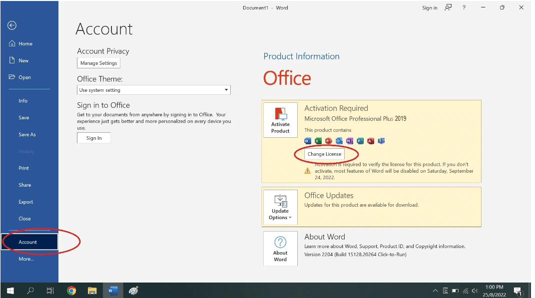 change office 2019 key 1
