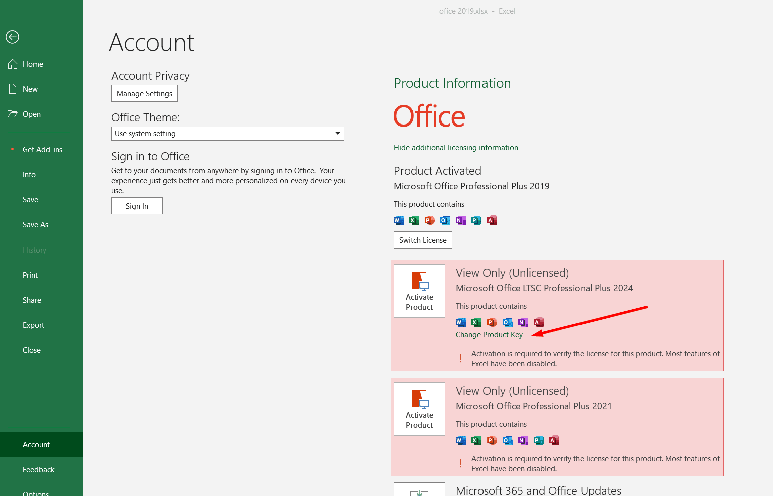 Office 2024 change product key
